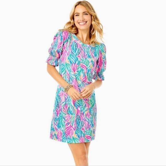 Lilly Pulitzer Adley Puff Sleeve Dress Size M Multicolor Sea Turtle Soiree - Picture 1 of 13